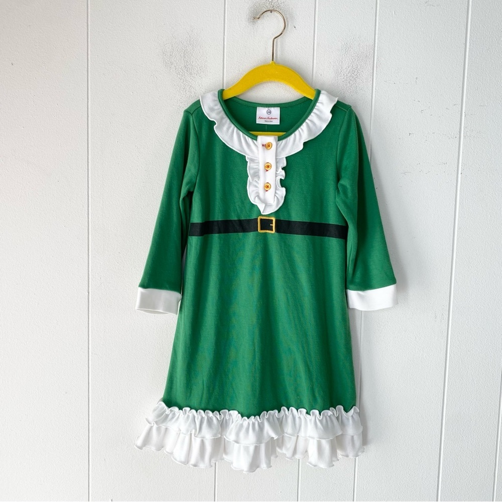 Hanna Andersson Misa Nick Holiday Pajama Dress Girls Sz 100 US 4 Green White Elf